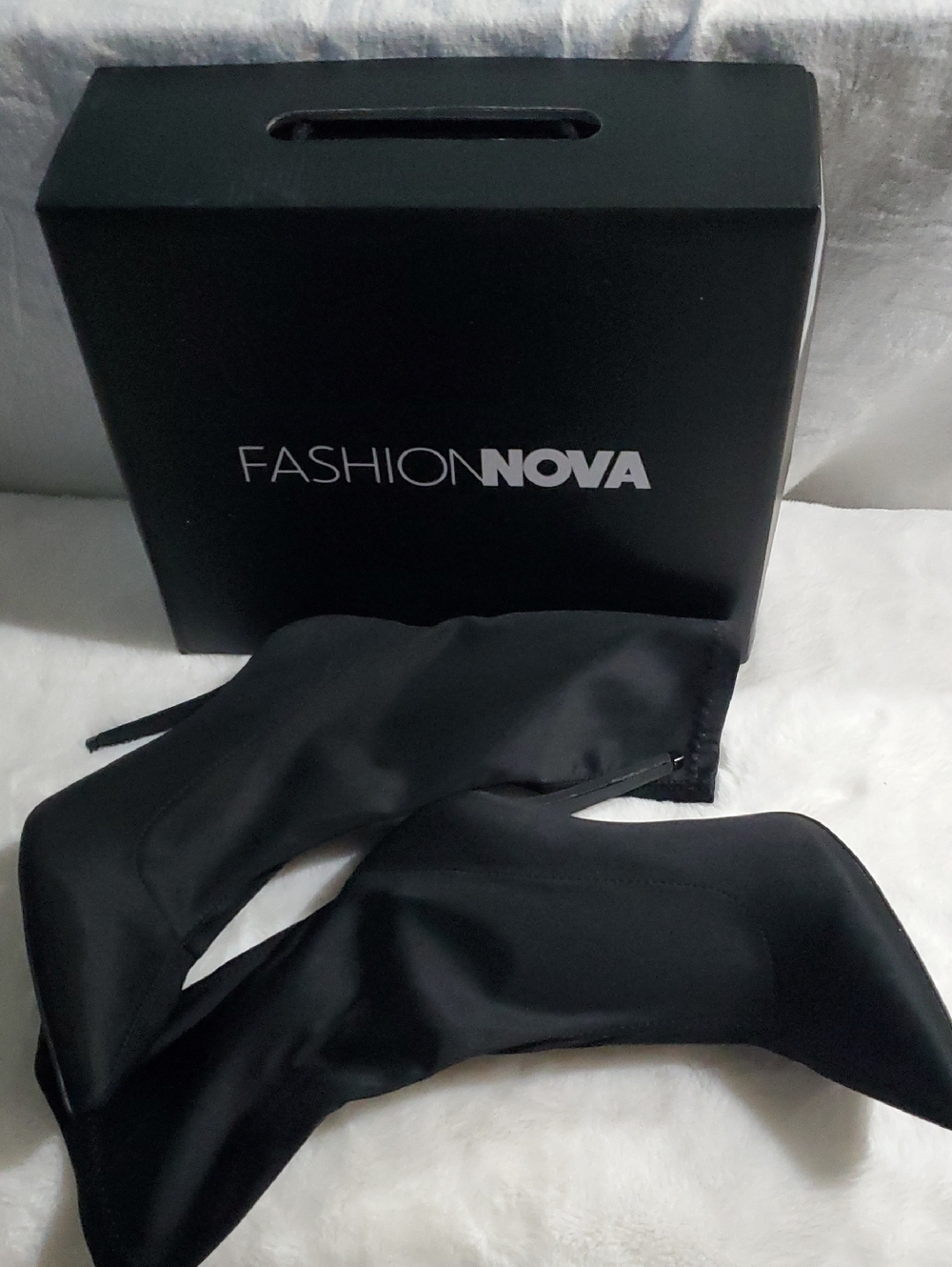 Fashion Nova Black Satin Stiletto Calf-High Boots